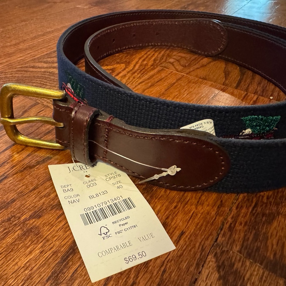 NWT J Crew Belt - Christmas Truck and Tree Embroidered/Leather back - Size 40 - Picture 5 of 13
